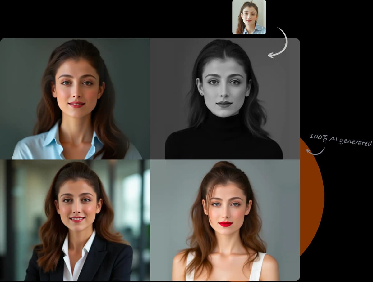 Before and after photos of a woman turned into AI headshots created by PaPic